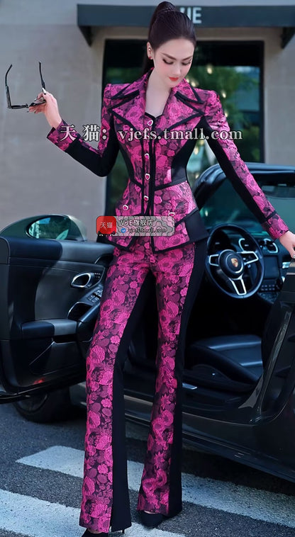 VJE Jacquard Suit Micro Flared Pants Two-Piece Set Slim OL Suit-NAMS.