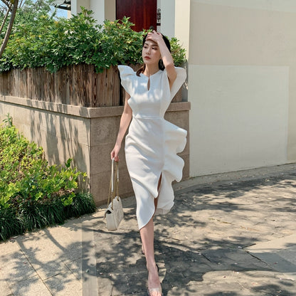 DOLLY Luxury V-Neck Short Sleeve High waist Slim Fit Irregular Hem Date Dress-LISA