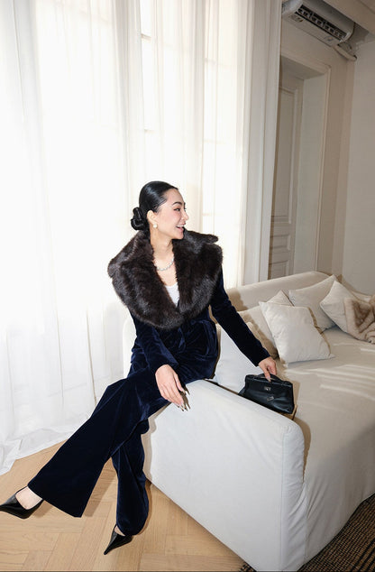 MEI SANGUAN Blue Fur Collar Velvet Suit - LUCAS