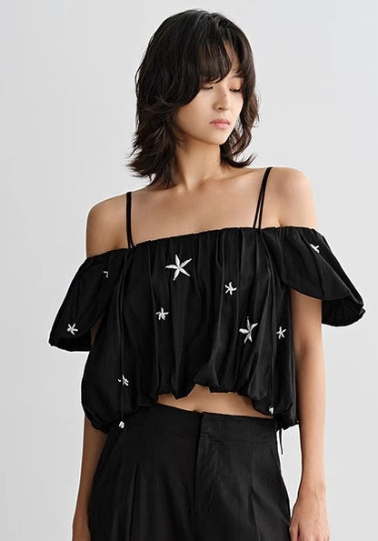 COMME MOI beaded embroidered suspender off-shoulder crop top - SUTTON.
