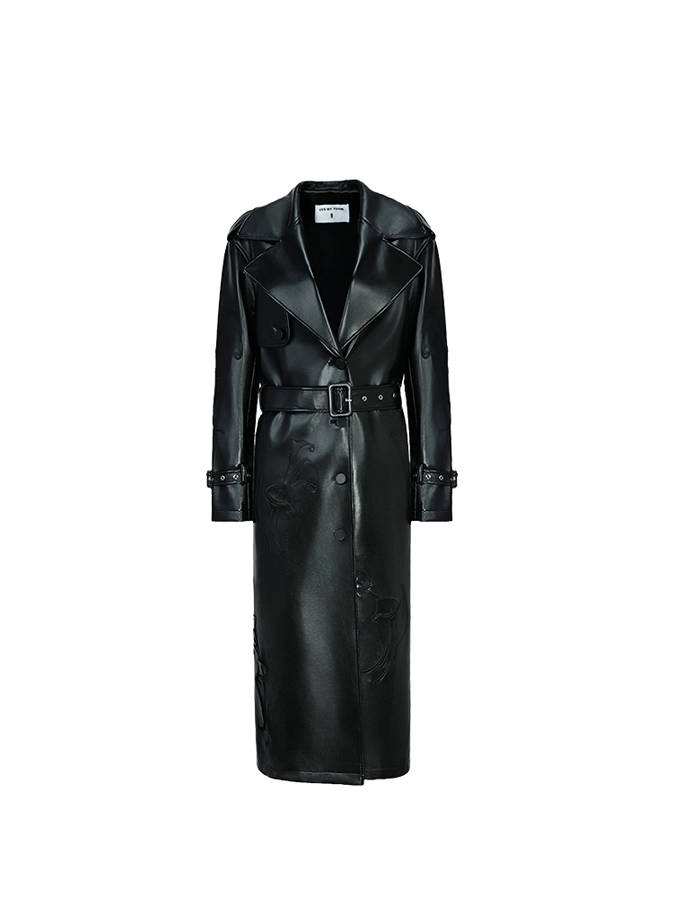 YES BY YESIR calla lily black Monroe long leather trench coat - FEEL.