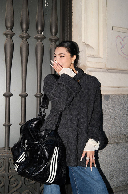 MEI SANGUAN gray loose turtleneck twist lazy over top sweater - HADLEY