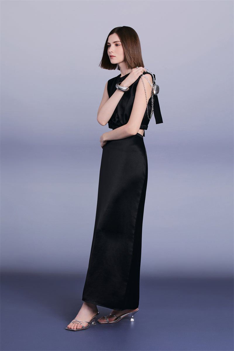 PURITY Luxury  French style minimalist black satin top skirt set- Blaise
