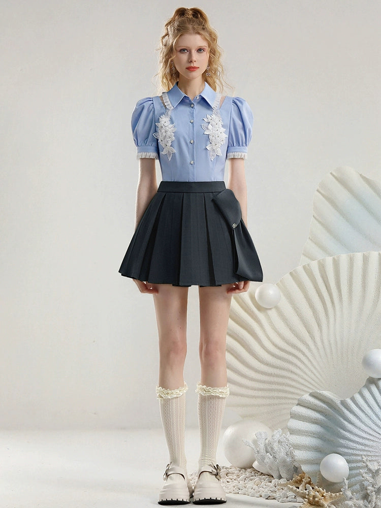 CHECOCRE Stubble sweet girly flower puff sleeve cutout sexy blue top - JOSHUA.