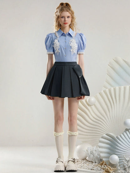 CHECOCRE Stubble sweet girly flower puff sleeve cutout sexy blue top - JOSHUA.