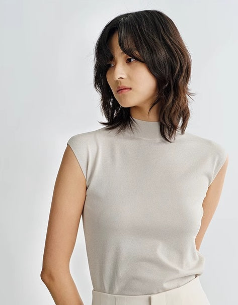 COMME MOI small cap sleeve semi-high neck knitted top - MADISON.