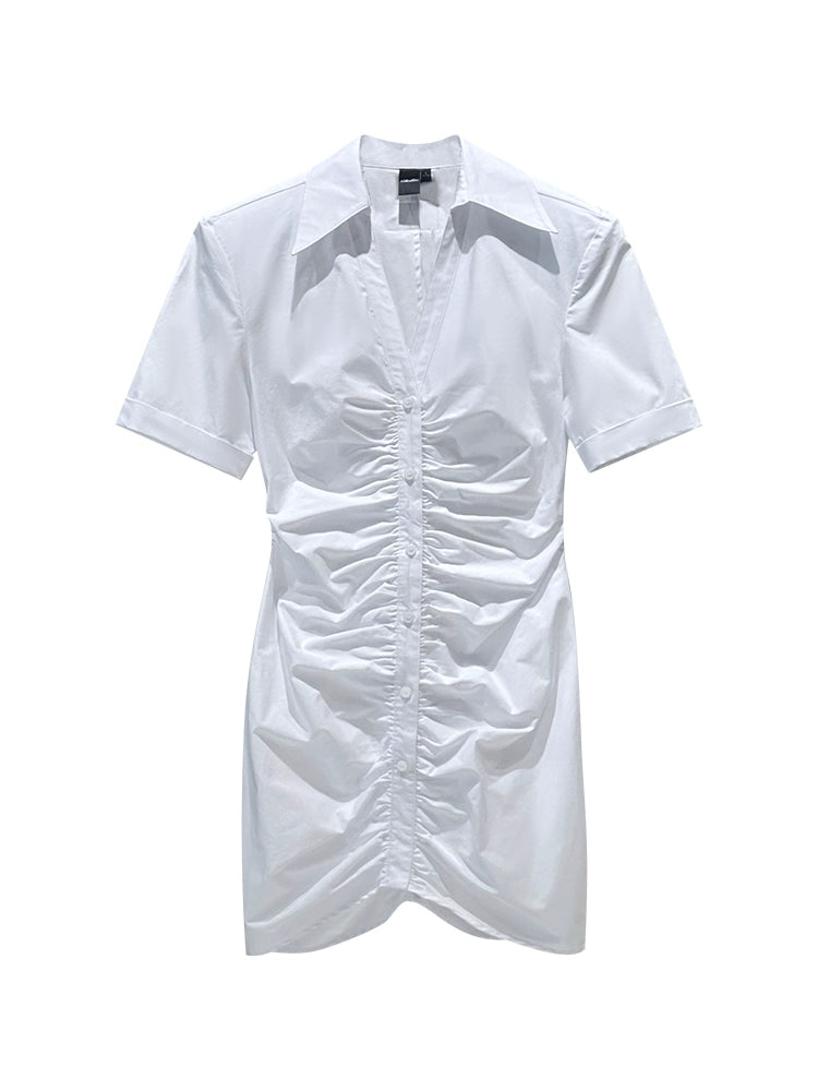 ANNAKIK Black and white pleated waist V-neck dress-FANSIA