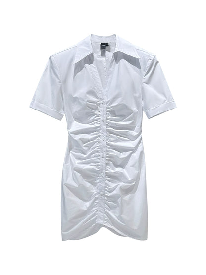 ANNAKIK Black and white pleated waist V-neck dress-FANSIA