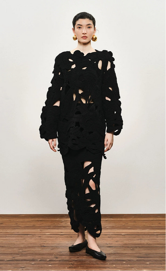 ZHUCHONGYUN winter floral wool knitted midi black skirt-ARLETE.