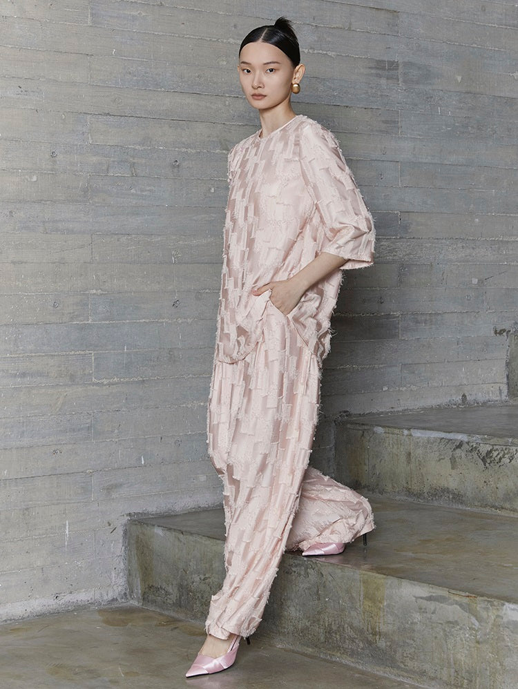 HECO jacquard loose thin wide-leg high waisted black pink apricot PANTS women - PURPOSE.