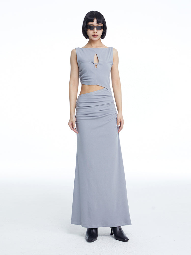 TINY IN knitted faux two-piece women's pleated long dress -CHARMY