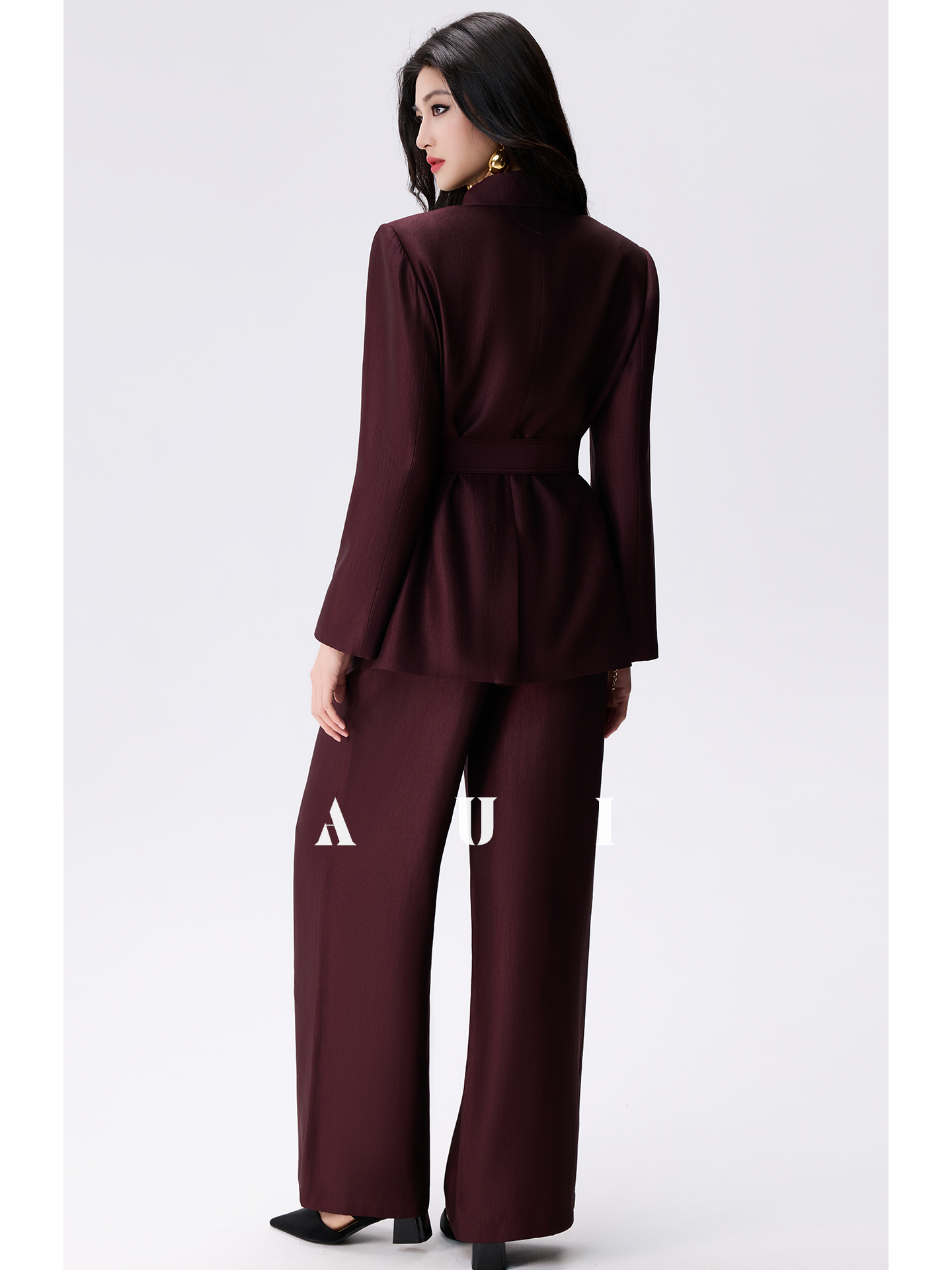 AUI Angora Red Polo Collar Shirt Outer Suit Wide-leg Casual Pants Two-Piece Set -  Hei Ryung.