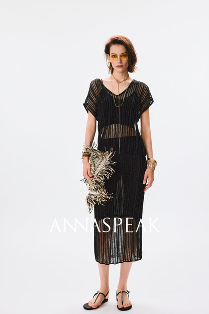 ANNASPEAK Lightweight and breathable cut-out fine glitter top skirt set summer-TOSE.