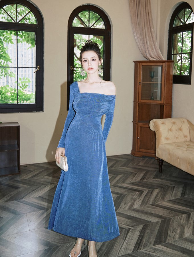 DOLLY Luxury Fog Blue Pleated Off Shoulder Slant Collar Long Sleeve Banquet Dress-MAYA