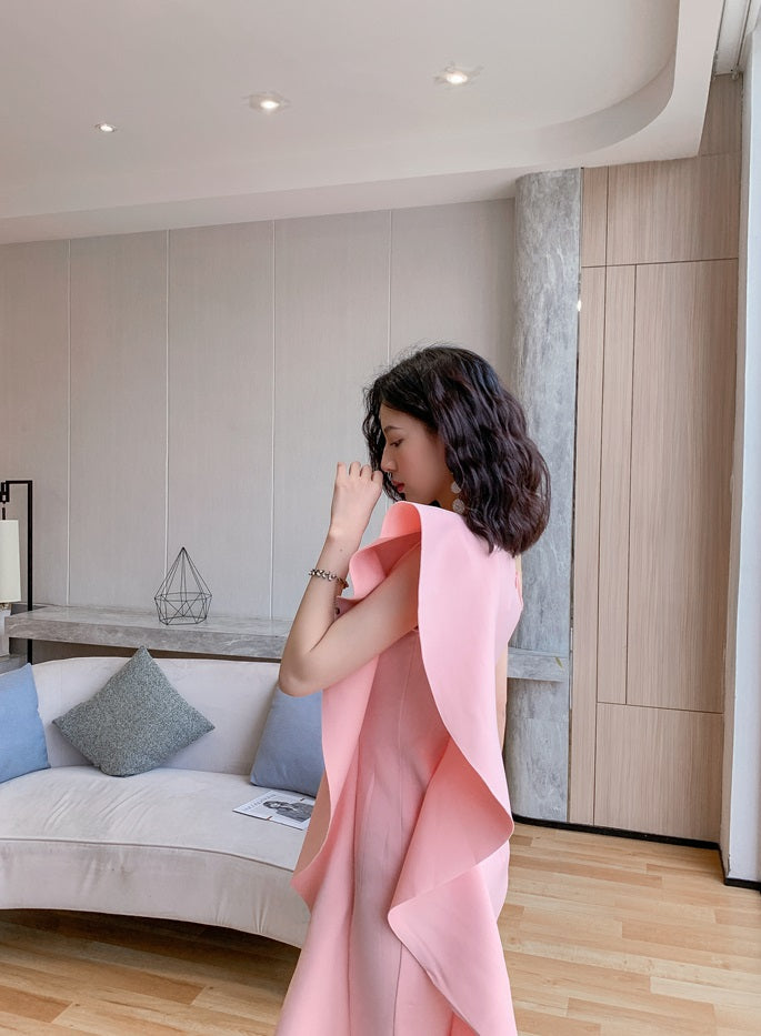 DOLLY Luxury French Style Ruffle One Shoulder Hip Hug Midi Dinner Dress-JEHO