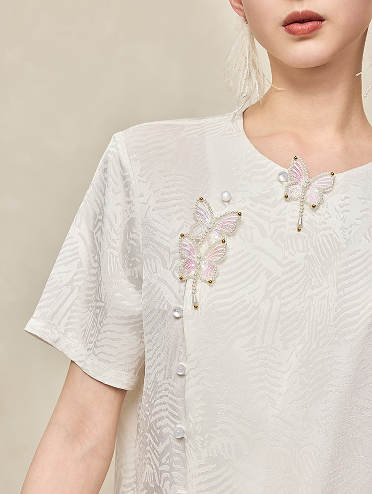 HECO Jacquard Round Neck Short Sleeve Black White Shirt Top Woman - GRACE.