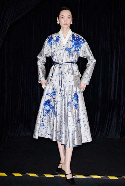 M essential Mackay designer butterfly dance jacquard blue vine and butterfly coat - WEST.