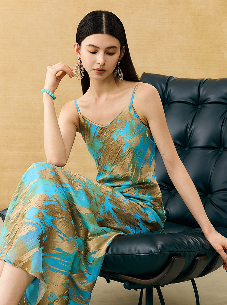 HECO Chinese style devored flower suspender dress - SKY.