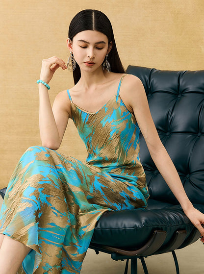 HECO Chinese style devored flower suspender dress - SKY.