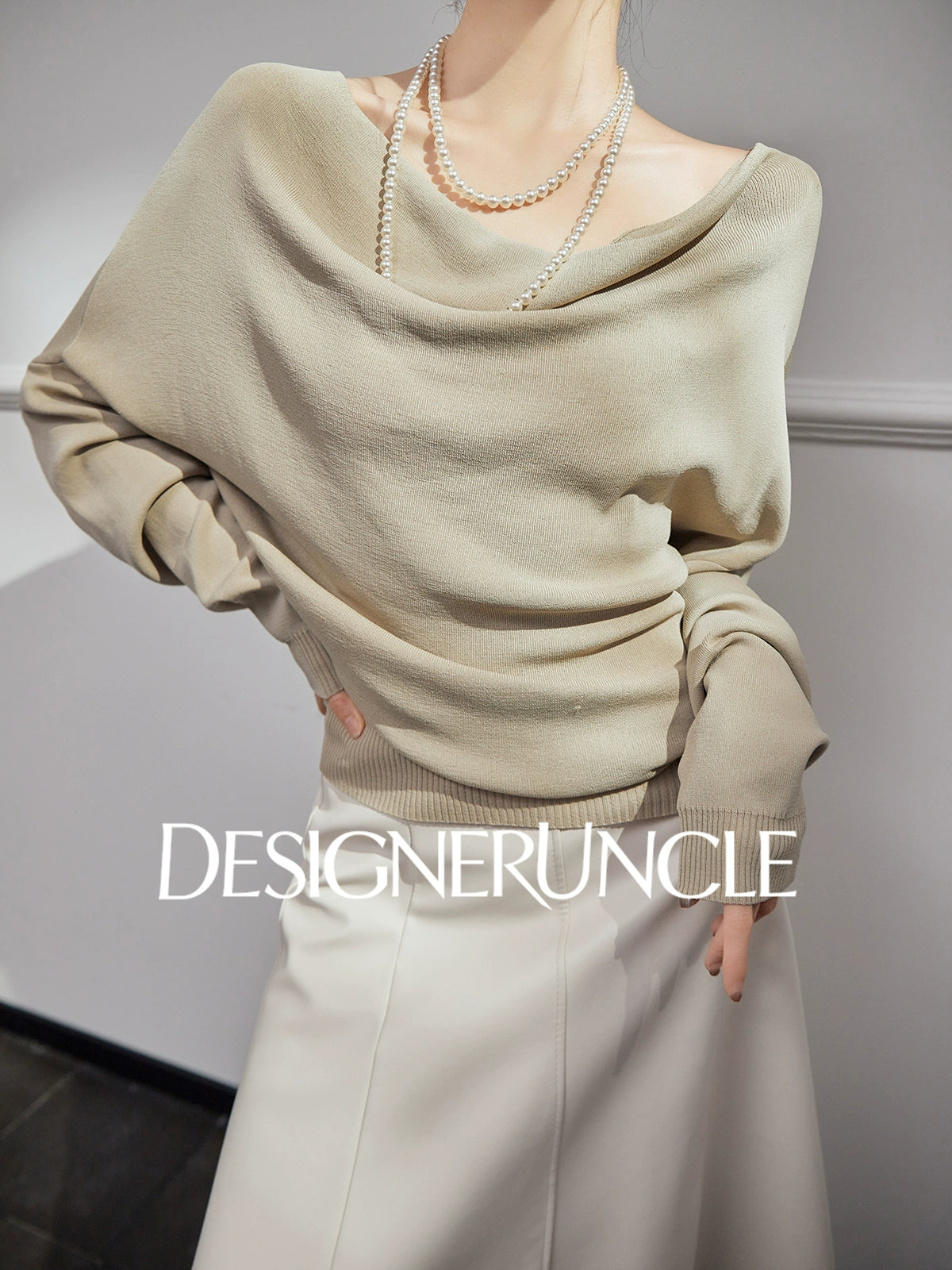 DGU "Shallow Realm" gray-green knitted sweater V-neck loose slimming temperament top - EKKO.