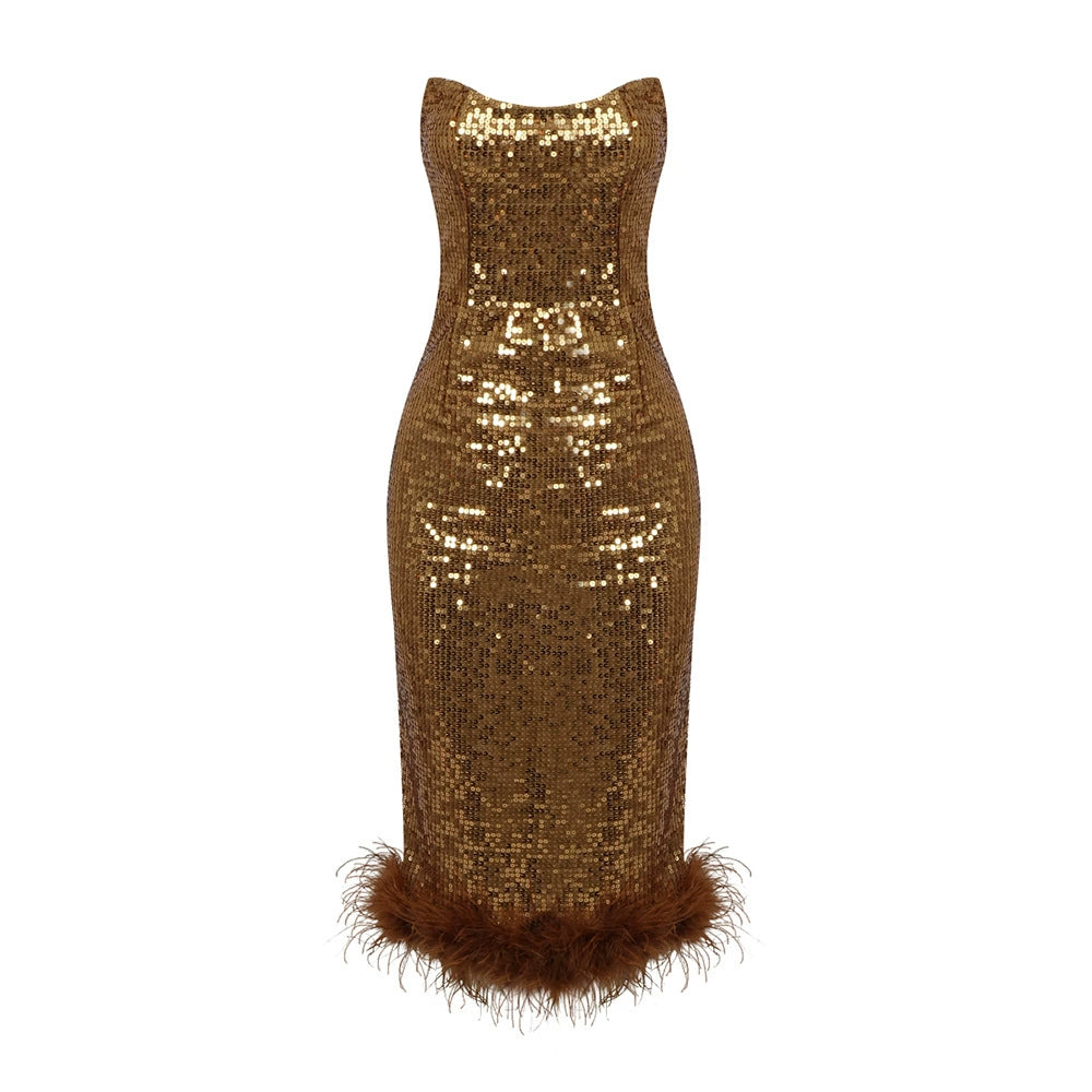 DOLLY Luxury Sleeveless Sequin Tube Top High Waist Feather Fish Tail Midi Cocktail Dress-BROOKE