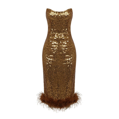DOLLY Luxury Sleeveless Sequin Tube Top High Waist Feather Fish Tail Midi Cocktail Dress-BROOKE