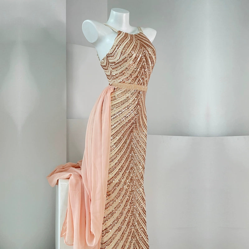 DOLLY High End Sleeveless Halter Neck Sequin Embroidery Long Banquet Dress-KATRINA