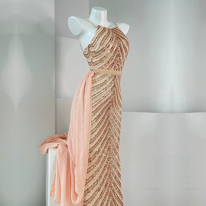 DOLLY High End Sleeveless Halter Neck Sequin Embroidery Long Banquet Dress-KATRINA