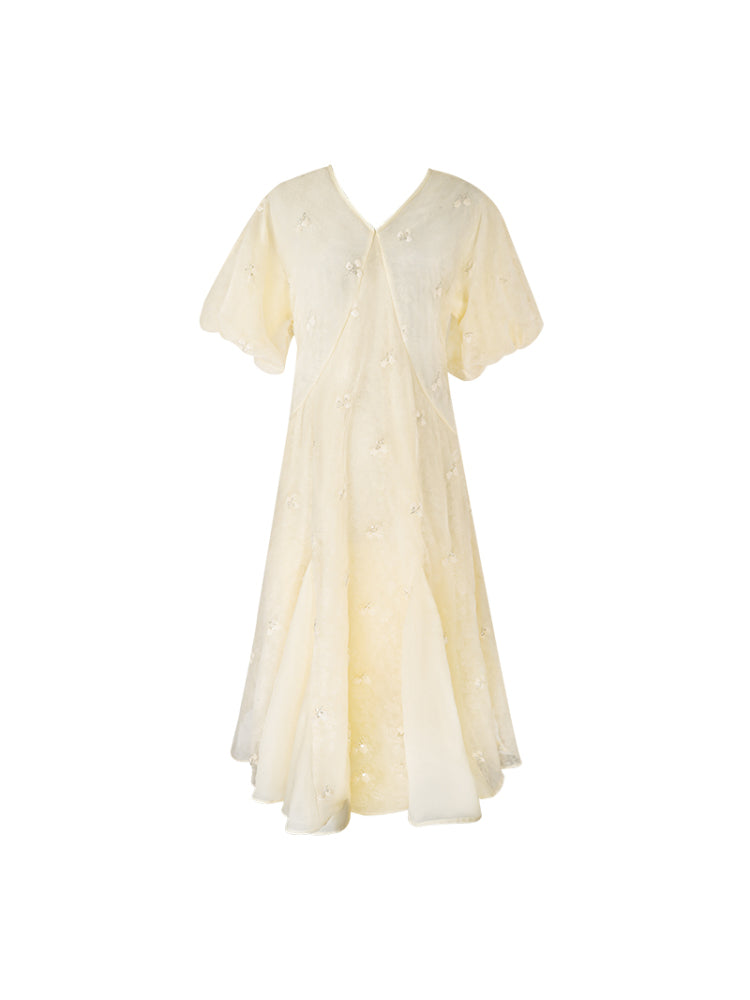 HECO  New Chinese Embroidered V-Neck Puff Sleeve Dress - CORAINE.