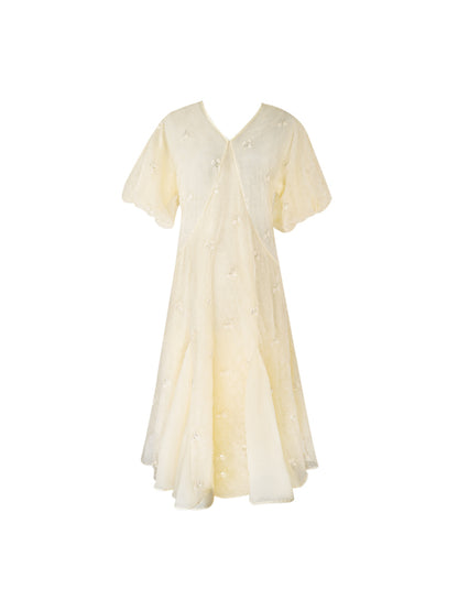 HECO  New Chinese Embroidered V-Neck Puff Sleeve Dress - CORAINE.
