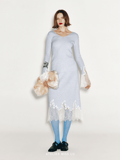ATELIER MISS LU lace-panelled cashmere and wool-blend top - IRIS