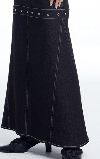 TINY IN black denim women's long a-line skirt -SALEM