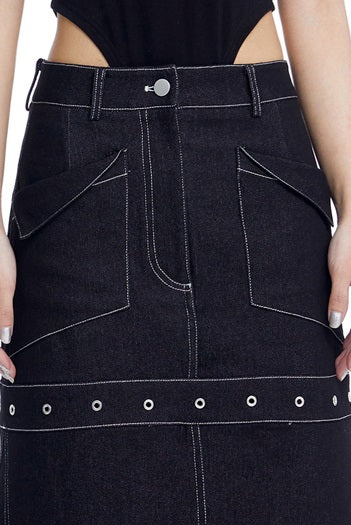 TINY IN black denim women's long a-line skirt -SALEM