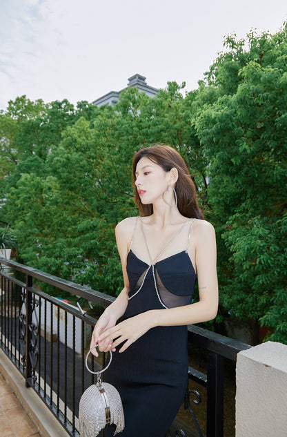 DOLLY High End Black Retro Style V-Neck Sleeveless Diamond Chain Long Dress-GENEVIEVE