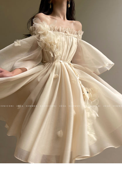 Aconiconi Luxury Off-Shoulder Flower Short Sleeve bridal baby doll Dress - Magnolia Lotus Fragrance