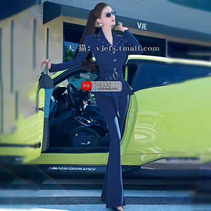 VJE  OL Jacket Micro Flared Pants Two-Piece Set - HIHI.