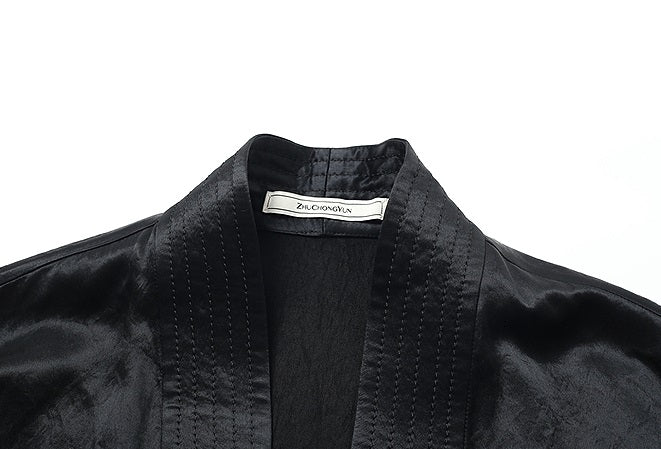 ZHUCHONGYU cross-collar satin black loose with belt jacket--MISAKI.
