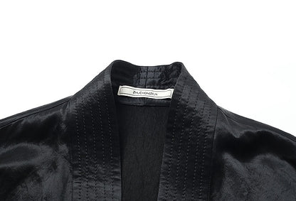 ZHUCHONGYU cross-collar satin black loose with belt jacket--MISAKI.