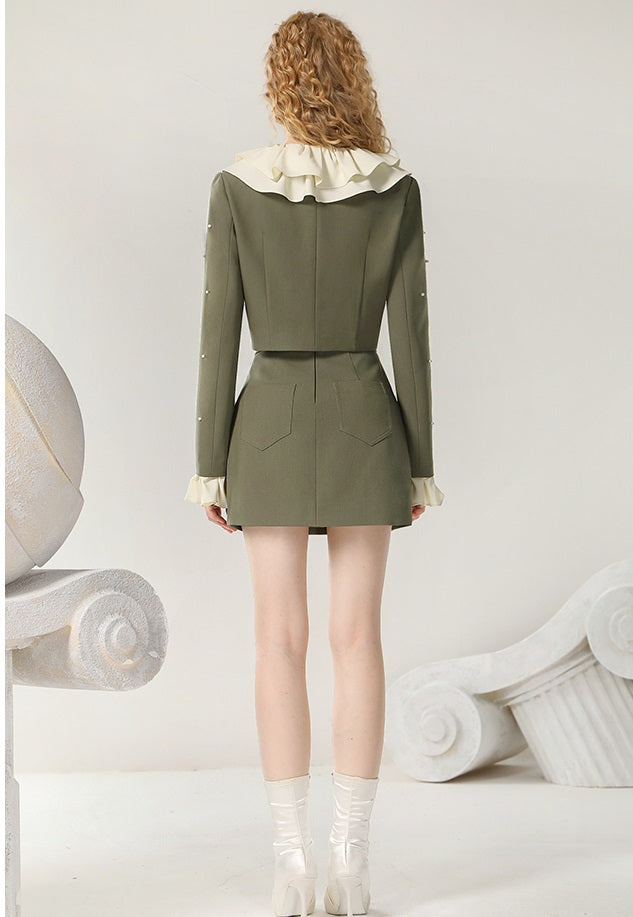 CHECOCRE Elegant Romantic Casual Ruffle Design Olive Green Mini Skirt Suit Set  - DANIEL