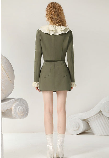 CHECOCRE Elegant Romantic Casual Ruffle Design Olive Green Mini Skirt Suit Set  - DANIEL