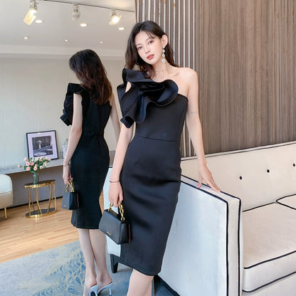 DOLLY Elegant Slant Collar Off Shoulder Petal Sleeves Dinner Dress-AMINA