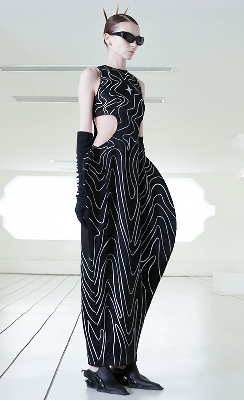 ANNAKIKI  triacetic fractal wave embroidered long dress-JINGCHU.