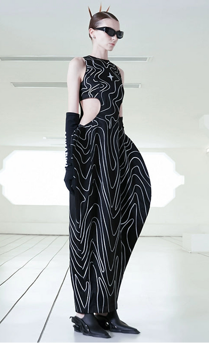 ANNAKIKI  triacetic fractal wave embroidered long dress-JINGCHU.