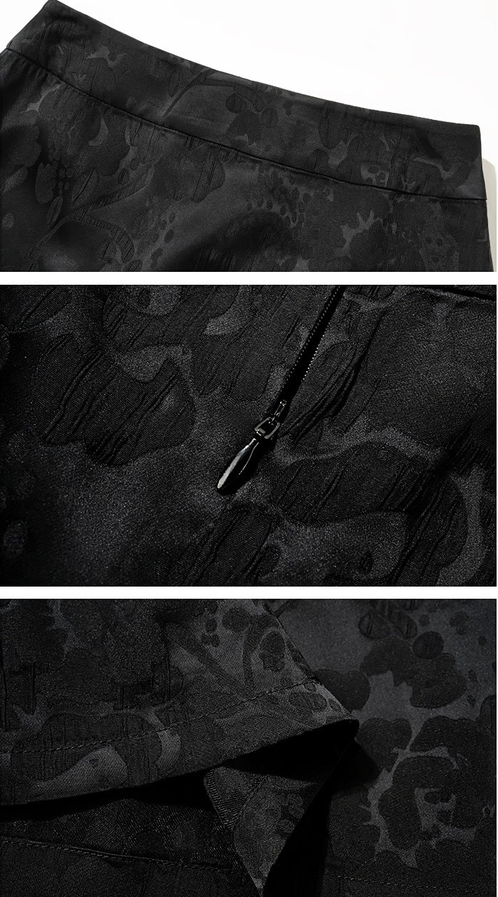 HECO Acetate Jacquard Rear Slit High Waist Slim Red Black White A-line Skirt Woman - KINGDOM.