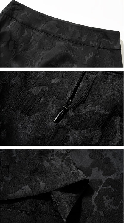 HECO Acetate Jacquard Rear Slit High Waist Slim Red Black White A-line Skirt Woman - KINGDOM.