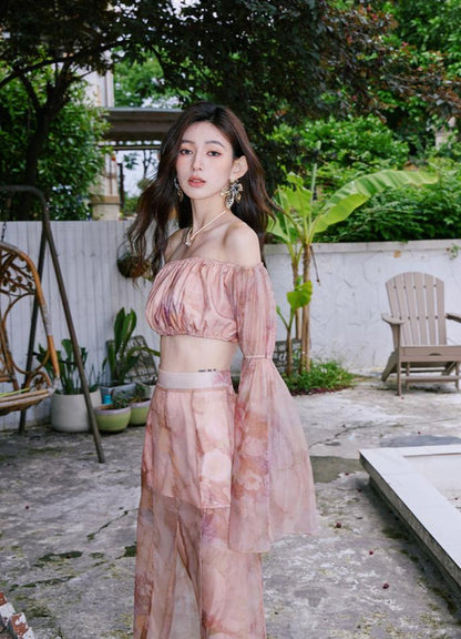 DOLLY Luxury Retro French Style Long Sleeve Top+ Retro Print Midi Slit Skirt-BIANCA