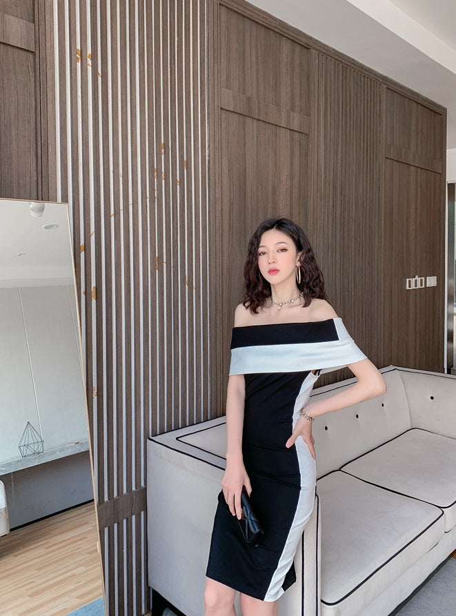 DOLLY Elegant Black and White Off Shoulder Short Sleeve Long Bandage Dress-MAZE