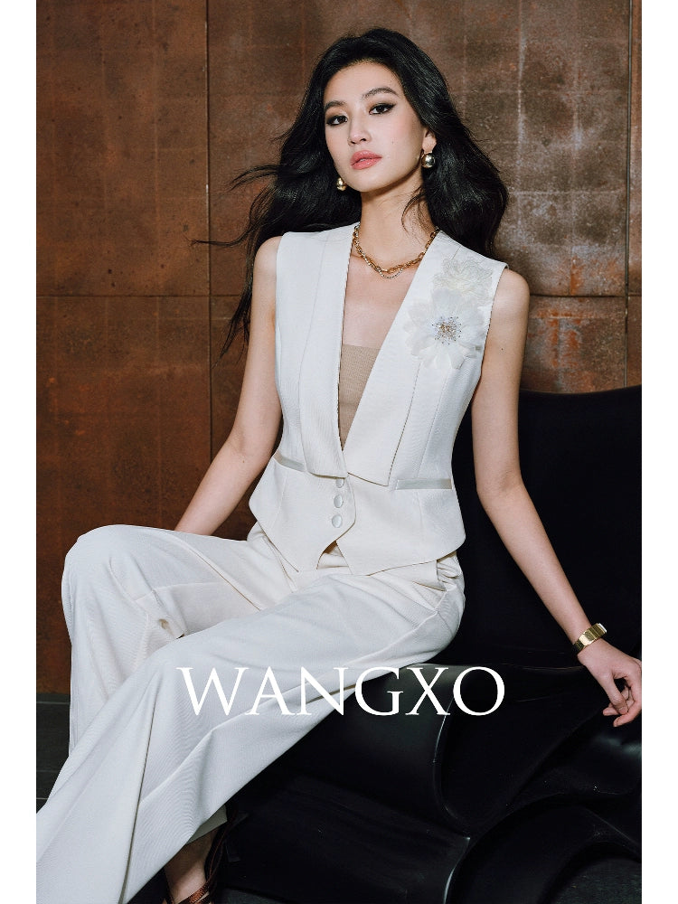 WANGXO|Wide Suit Material Spell Real Acetate Detachable Handmade Flowers V-Neck Vest Trousers - MAVIS