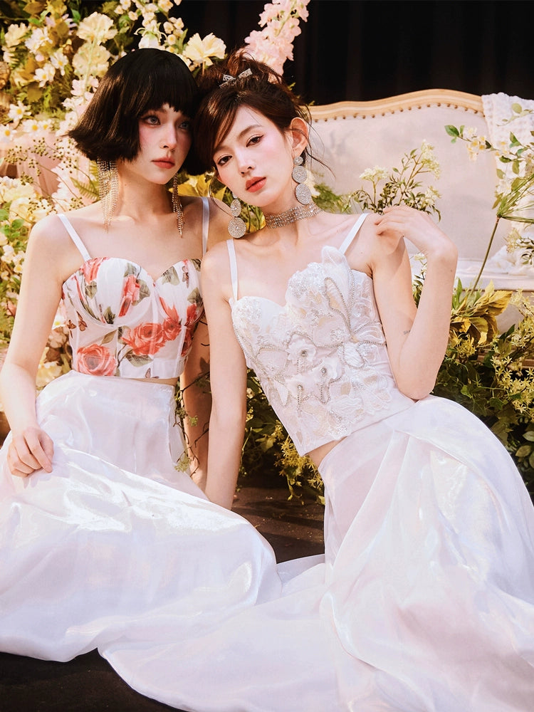 DOLLY Elegant White Natural Waist Flower Bud Long Chic Skirt-CYNTHIA  (V)