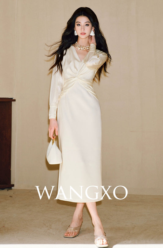 WANGXO | Wrinkled Bright Silk Satin Hemp V-Neck Twisted Waist Slim Dress -ZAYA.